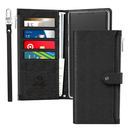 JUST4YOU Zipper Wallet Case for Samsung Galaxy Note 9 with Wrist Strap Premium PU Leather Folding Stand Card Holder Flip Case (Black) CS_FC_ZC_GN9_BK