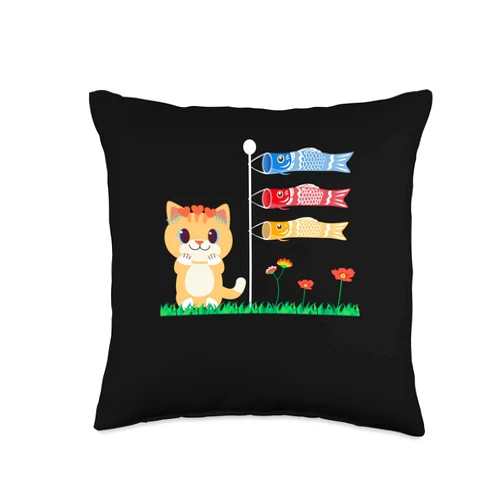 Carp Koi Fish Kitten Lover Japanese Koi Gift Cat Fish Garden Japanese Carp Koi Flag Throw Pillow, 16x16, Multicolor