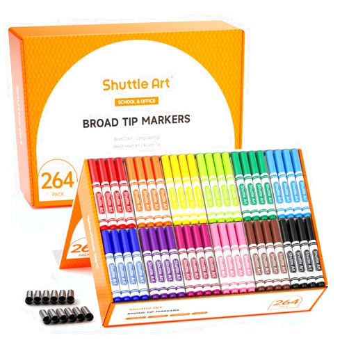Shuttle Art 264 Pack Washable Markers, 12 Assorted Colors Broad Line Conical Tip Large Markers Bulk with a Box, Bonus Caps, Home Classroom School Supplies for Toddlers Kids Adults Students Teachers