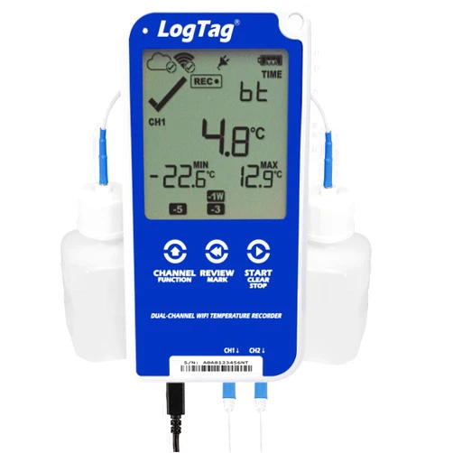 LogTag UTRED30-WiFi Dual Channel Kit Includes: Data Logger, 2-ST100K-15 Ext Probes, 2-Buffer Bottles, Wall Mount Bracket & NIST Traceable Calibration Certificate, Blue/White