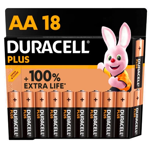 Duracell Plus AA Batteries (18 Pack) - Alkaline 1.5V - Up to 100% Extra Life - Reliability for Everyday Devices - 0% Plastic Packaging - 10 Year Storage - LR6 MN1500