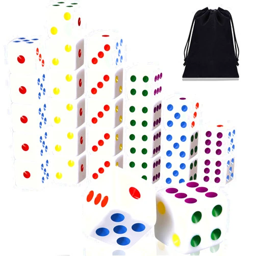 Gejoy 50 Pieces Six Sided Dices 16mm Standard Solid Dice White with Multi-Color Pips Square Corner Dices Set for Board Games and Teaching Math Farkle