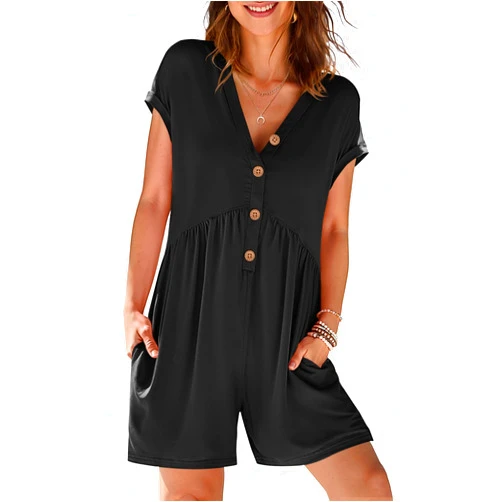 MEROKEETY Womens Romper Summer 2026 Casual Cap Sleeve V neck Button Short Jumpsuit Beach Vacation Outfits with Pockets