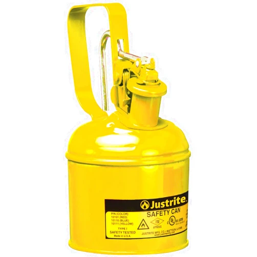 Justrite 1 Quart Type I Yellow Safety Can for Diesel with Flame Arrester, Self-Closing Lid, and Trigger Handle, Made in the USA, Galvanized Steel Flammable Storage Can, 10111