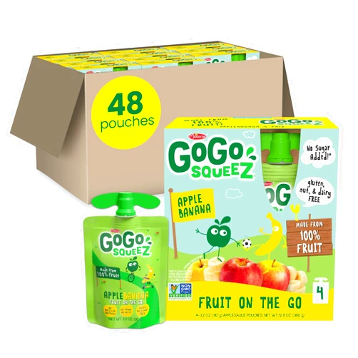 GoGo squeeZ Applesauce and Fruit Puree, Apple Banana, 3.2 oz (Pack of 48), Unsweetened Fruit Snacks for Kids, Gluten Free, Nut Free and Dairy Free, Recloseable Cap, BPA Free Pouches