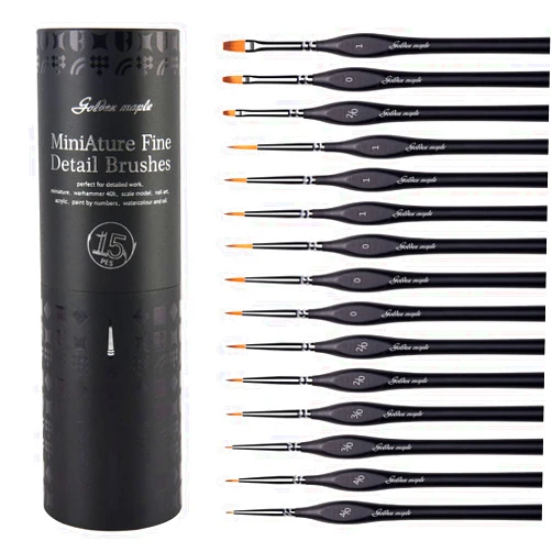 Golden Maple Miniature Paint Brushes, 15PC Model Brushes Micro Detail Paint Brush Set, Fine Detailing for Acrylics, Oils, Watercolors & Paint by Number, Citadel, Figurine, 40k (Black)