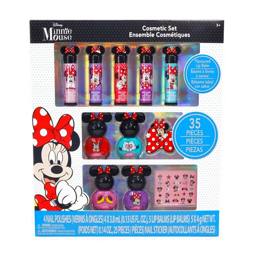 Townley Girl Disney Minnie Mouse Sparkly Cosmetic Makeup Set for Girls with Lip Balm Nail Polish Nail Stickers-35 Pcs|Perfect for Parties Sleepovers Makeovers|Birthday Gift for Girls above 3 Yrs, Kid