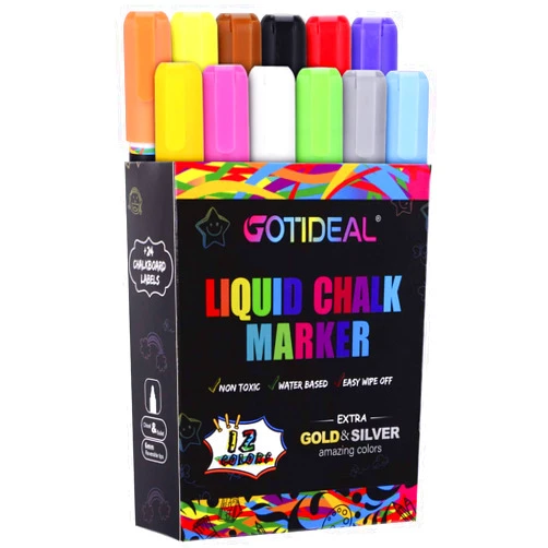 GOTIDEAL Liquid Chalk Markers, 12 Colors Premium Window Chalkboard Neon Pens, Including 2 Metallic Colors, Painting and Drawing for Kids and Adults, Bistro & Restaurant, Wet Erase - Reversible Tip