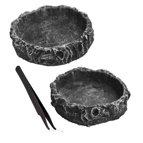 Fulanfudi 2PCS Reptile Water Dish Food Bowl Set Reptile Feeder Food and Water Dish with Feeding Tweezers Tong for Leopard Gecko Lizard Frog Snake Chameleon Tortoise(Style 1)