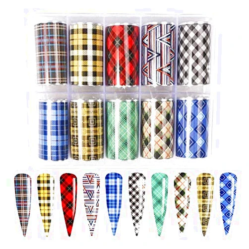 Totelux Nail Foil Transfer Stickers Plaid Design Nail Art Decals Adhesive Christmas Foil Stickers Nail Supplies for Women Girls DIY Manicure Tip Decoration Party Supplies (10 Rolls Mix Styles)