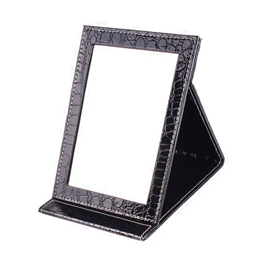 Teensery Black Portable PU Leather Vanity Mirror Folding Makeup Mirror with Desktop Standing for Travel, Personal Use, Outdoor and More (4.7 * 6.9 * 0.6 Inch)