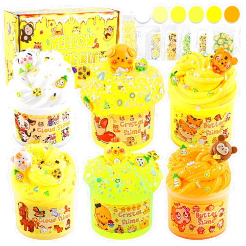 LAWOHO 6 Packs Gradient Yellow Slime Kit - Clear, Butter, Cloud Slimes, Fluffy Slimes for Kids with Charms & Animal Add-ins, Party Favors for Girls & Boys, 360ml Non Stick Slime Making Kit for Kids