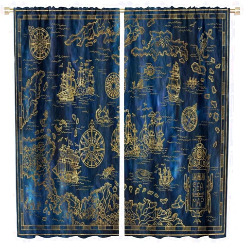 Generic Vintage Pirate Ship Curtains Ocean Theme Wallpaper Pirate Ship Rudder Pattern Print Curtains Boys' Bedroom Decoration Blackout Curtains 2 Panel Groups W42 * L45 Inch