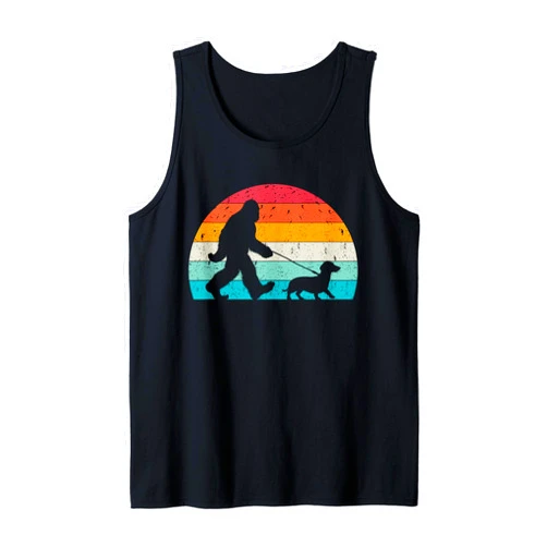 Retro Sasquatch Lover Doxie Wiener Dog Walker Bigfoot Walking a Dog Funny Dachshund Weiner Dog Dad Weenie Tank Top
