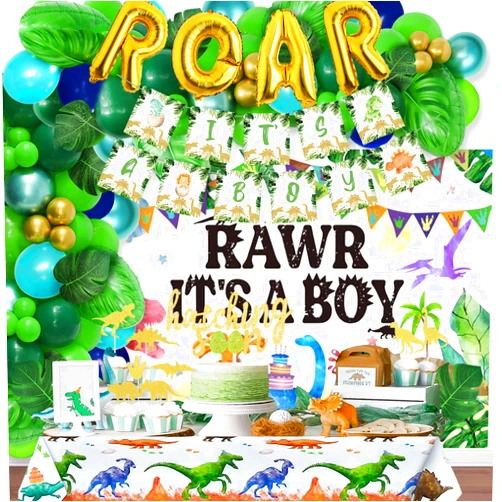 Party Inspo Dinosaur Baby Shower Decorations for Boy, Party Inspo Balloons Garland Arch, Table Decorations, Theme Shower, Backdrop, IT’S A BOY Banner, Hatching Soon Cake Toppers, Green