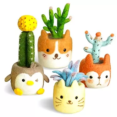 KISSBUTY Full Range of Needle Felting Kit, KISSBUTY Cactus Wool Felted Set for Adults and Beginners Including Wool Roving for 4 Succulents, Foam Mat, Needles, Finger Guards Tools Kit