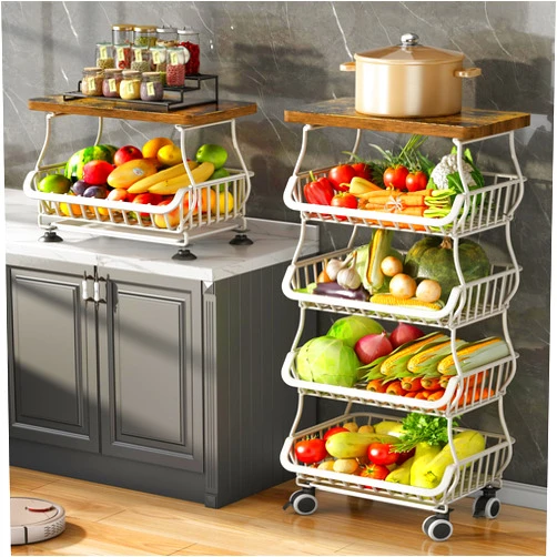 SAYZH Fruit Basket for Kitchen with Wood Top 5 Tier, Stackable Fruit and Vegetable Storage Cart, Wire Storage Basket with Wheels, Vegetable Basket Bins Rack for Onions and Potatoes, White