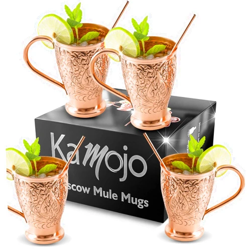 Kamojo Moscow Mule Cups Set of 4 - Premium Moscow Mule Copper Mugs with Unique Embossed Design & Anti-Tarnish, Food-Grade Coating - Copper Cups Gift Set with 4 Copper Straws & Recipe E-Book, 16 oz