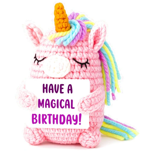 WEYON Birthday Gift for Girls, Pink Crochet Unicorn 4 Inch, Handmade Amigurumi Plush with “Have a Magical Birthday” Sign, Cute Stuffed Animal for Daughter Granddaughter Niece