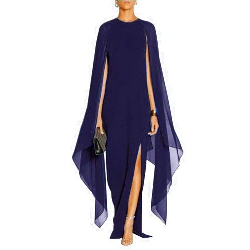 MAYFASEY Women's Elegant High Split Flare Sleeve Formal Evening Gowns Maxi Dress with Cape