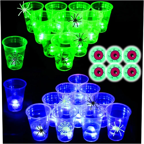 Unbrands (Eyeball) The Halloween Glow in The Dark Beer Pong Set-Light up Beer Pong Cups for Indoor Outdoor Nighttime Competitive Fun,22 Glowing Cups(11 Green &11 Blue), 6 Glowing Balls- Party Game