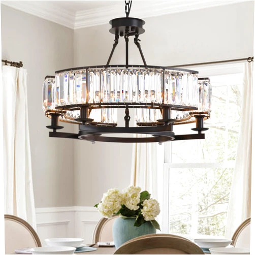 NOXARTE Round Crystal Chandelier 6 Lights Hanging Chandelier Pendant Light Ceiling Fixture Black Iron Frame for Dining Room Living Room Farmhouse D26 Inch x H20 Inch