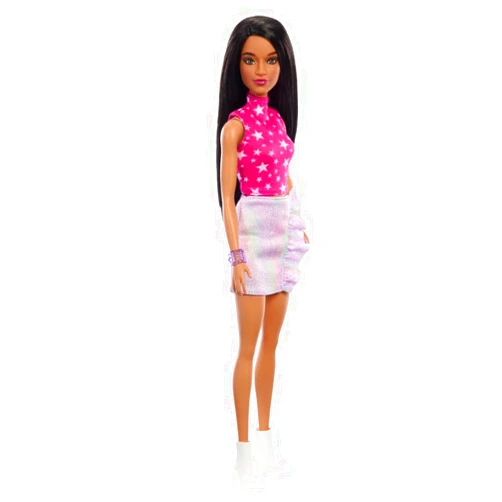 Barbie Fashionistas Doll #215 with Black Straight Hair, Pink Star-Print Top & Iridescent Skirt, 65th Anniversary Collectible Fashion Doll