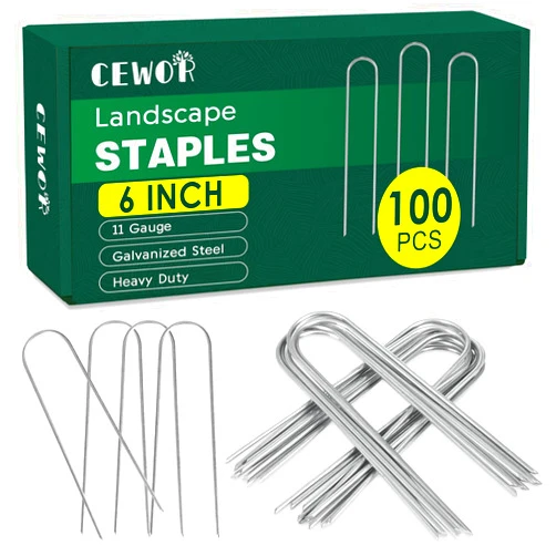 CEWOR 100 Pack Garden Stakes 6 Inch, 11 Gauge U Pegs Galvanized Landscape Staples Pins Lawn Stakes for Water Soaker Hose, Dog Fence, Drip Tubing