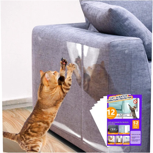 Polamg Anti Cat Scratch Furniture Protector-12 Pack Single Side Couch Protector for Cats, Self-Adhesive Cat Tape for Furniture, Clear Cat Scratch Deterrent for Furniture Door Walls (12P+52 Pins)