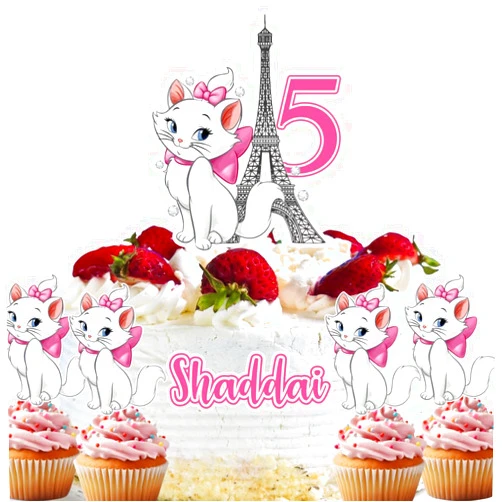 Handmade 14 PCS Marie Cake Toppers Birthday Decorations, Aristocats Cake Topper & Cupcake Toppers for Birthday, Customized Name & Age, Party Supplies.