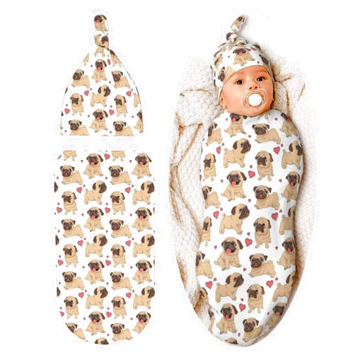 Sanghing Cute Dog Pug Baby Stuff Newborn Swaddle Blankets Soft Swaddle Sack Swaddling Blanket with Beanie Sets Gifts for Infant Boys Girls