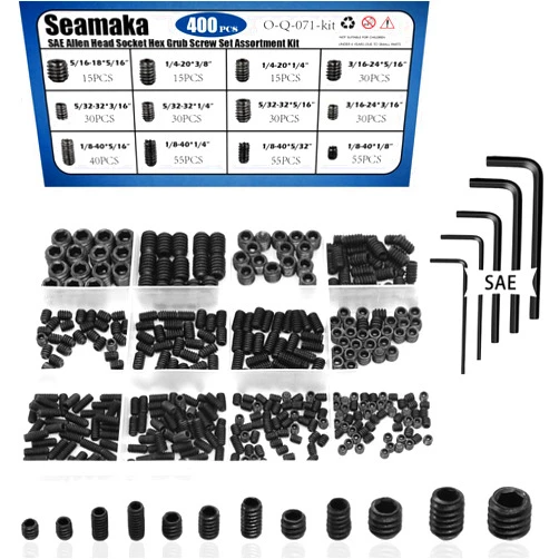 Seamaka 400Pcs 1/8-40 to 5/16-18 Internal Hex Allen Head Socket Set Screw (Black),12 Size 12.9 Class Alloy Steel Grub Screw Assortment Kit with 5 Hex Wrenches for for Door Handles, Light Fixture