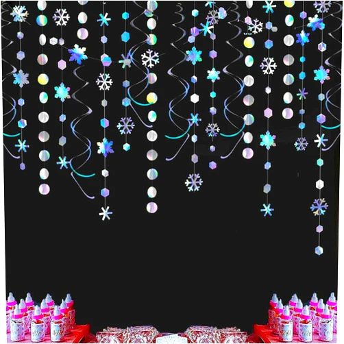 Morbanner Winter Wonderland Party Decoration Iridescent Snowflake Circle Dots Garland Iridescent White Hanging Swirls Holographic Paper Set for Onederland Christmas Frozen Birthday Wedding Bridal Party Supplies