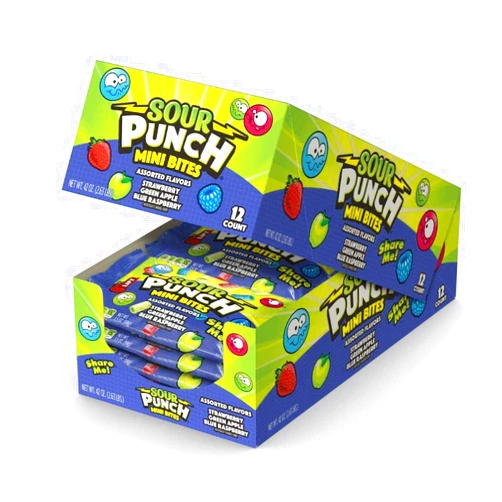 Sour Punch Mini Bites Strawberry Apple Blue Raspberry Flavored Sour Chewy Candy 3.5oz Bag (12 Count)