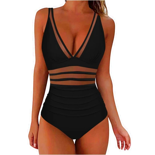 Brnmyaeo Womens High Waisted Bathing Suit Tummy Control Sexy Mesh Bathing Swimsuit V Neck Bikini Swimwear Beachwear 2024