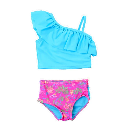RuffleButts Girls UPF50+ Sun Protection One Shoulder Ruffle Tankini Two Piece Swimsuit