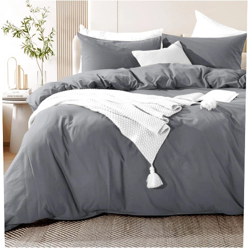 NEXHOME PRO Cotton Duvet Cover Queen Size Linen Look Textured Organic Natural 100% Washed Cotton Duvet Cover 3 Pieces Bedding Set with Zipper Closure, Breathable, Soft, Grey (No Comforter)