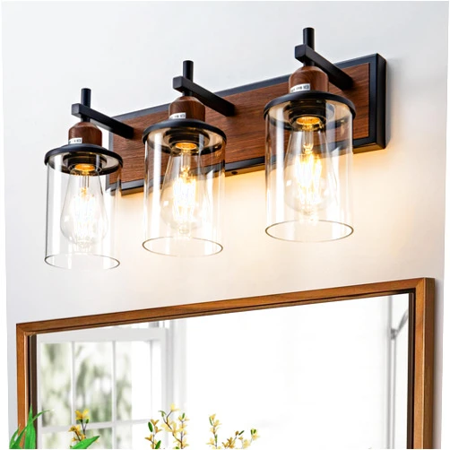 Lanhall 3-Light Farmhouse Bathroom Light Fixtures Vintage Bathroom Vanity Lights Over Mirror Black and Wood Painted Metal Vanity Light for Bathroom with Glass Shades E26 Socket