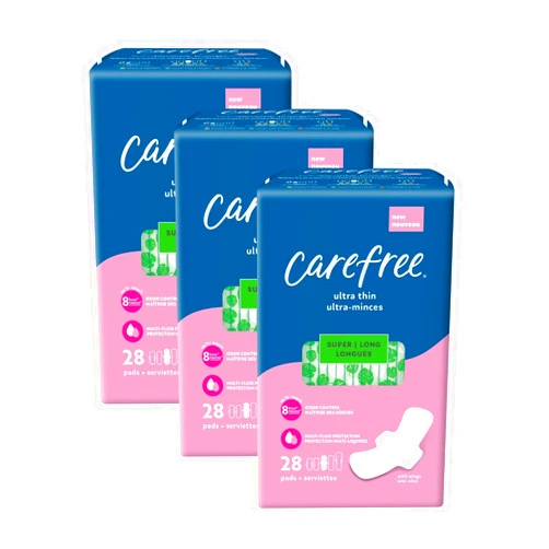 Carefree Ultra Thin Pads for Women, Super/Long Pads With Wings, 84ct (3 Packs of 28ct) | Carefree Pads, Feminine Care, Period Pads & Postpartum Pads | 84ct (3 Packs of 28ct)