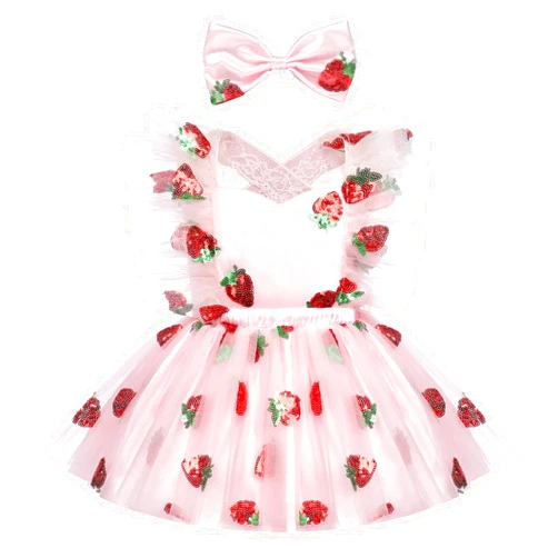 IDOPIP Baby Girls Sequin Strawberry Cherry Tutu Dress Summer Backless Lace Princess Birthday Party Dress with Headband Outfit