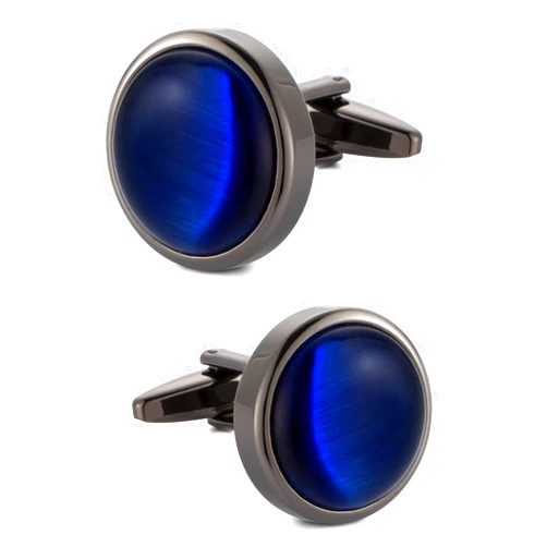 VIILOCK Round Cat Eye Cufflinks for Men Dark Blue Opal Cuff Links in Gun Black Business Shirt