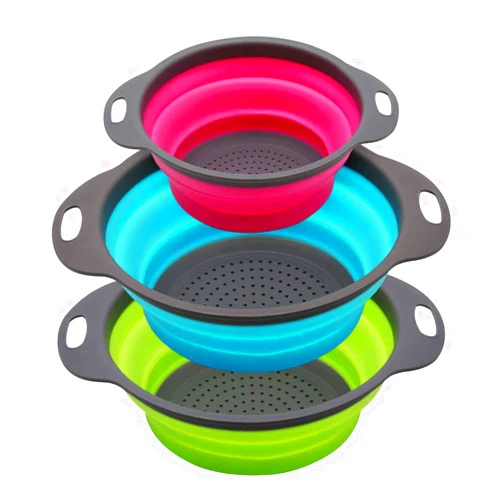 Qimh Collapsible Colander Set of 3 Round Silicone Kitchen Strainer Set - 2 pcs 4 Quart and 1 pcs 2 Quart- Perfect for Draining Pasta, Vegetable and fruit (green,blue, purple)