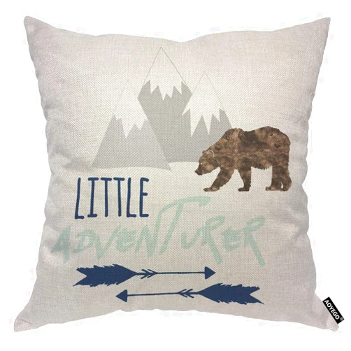 AOYEGO Little Adventurer Throw Pillow Cover Bear Mountain Arrow Wild Animal Nature Forest Travel Pillow Case 18x18 Inch Decorative Men Women Room Cushion Cover for Home Couch Bed