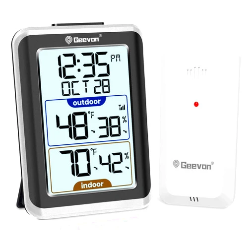 GEEVON Indoor Outdoor Thermometer Wireless Digital Hygrometer Temperature Gauge with Time, 200ft/60m Range Temperature Humidity Sensor