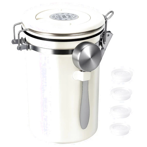 Kirecoo Stainless Steel Coffee Canister - 22OZ Airtight Coffee Bean Storage Grounds Container Holder with Date Tracker & Measuring Scoop, Kitchen Food Canister Jar for Cereal, Sugar, Tea, Flour, Gifts