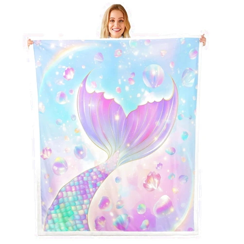 Manfei Mermaid Tail Fleece Blanket,Colorful Undersea World Plush Blanket for Kids Teens Girls,Marine Life Shell Blanket for Sofa Bedroom Office Travel All Season,Twin 60