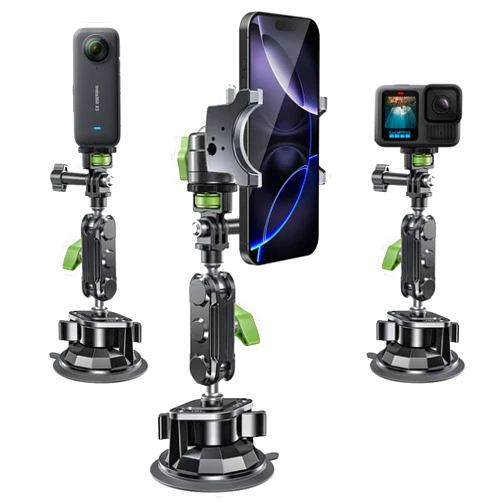 Generic Multi-Purpose Cell Phone and Action Camera Holder for Insta360, Gopro, iPhone with Strong Suction Cup and Aluminum Alloy Double Ball arm.