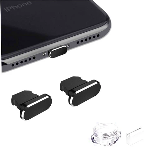 VIWIEU Metal Anti Dust Plug Compatible with iPhone 14 13 12 11 X XS XR 8 7 SE Mini Plus Pro Max iPad AirPods, 2 Pack Lightning Charging Port Cover Protectors with Plug Holder and Storage Box (Black)