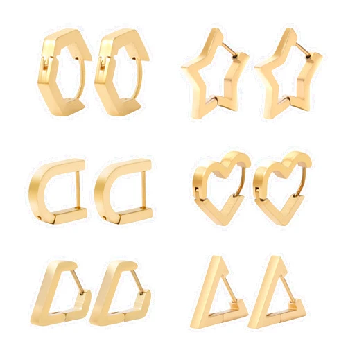 Ahouws Hoop Huggie Earrings Set for Women Girls Men, Geometric Stainless Steel Triangle Diamond Hexagon Star Oval Heart Shape Clip On Hoops Dangle Aretes Para Mujer Earrings Jewelry Gold Silver Black