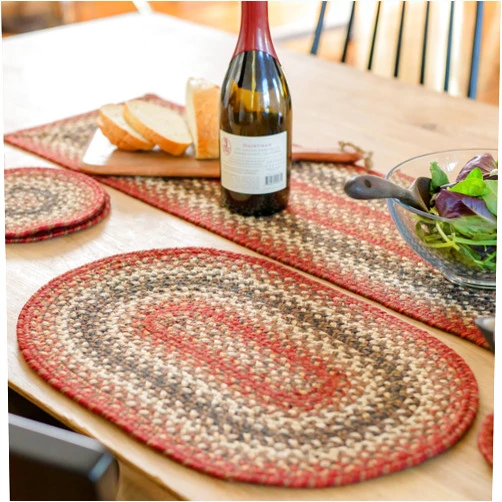 Homespice Chester Jute Braided Oval Placemats, Warm Lodge and Cabin Decor, Set of 6, 13x19 Red Table Mats - Vibrant Colors, Durable, Easy to Clean and Protects Furniture